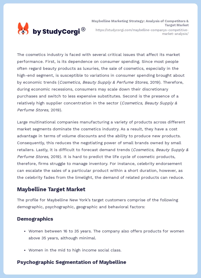 Maybelline Marketing Strategy: Analysis of Competitors & Target Market. Page 2