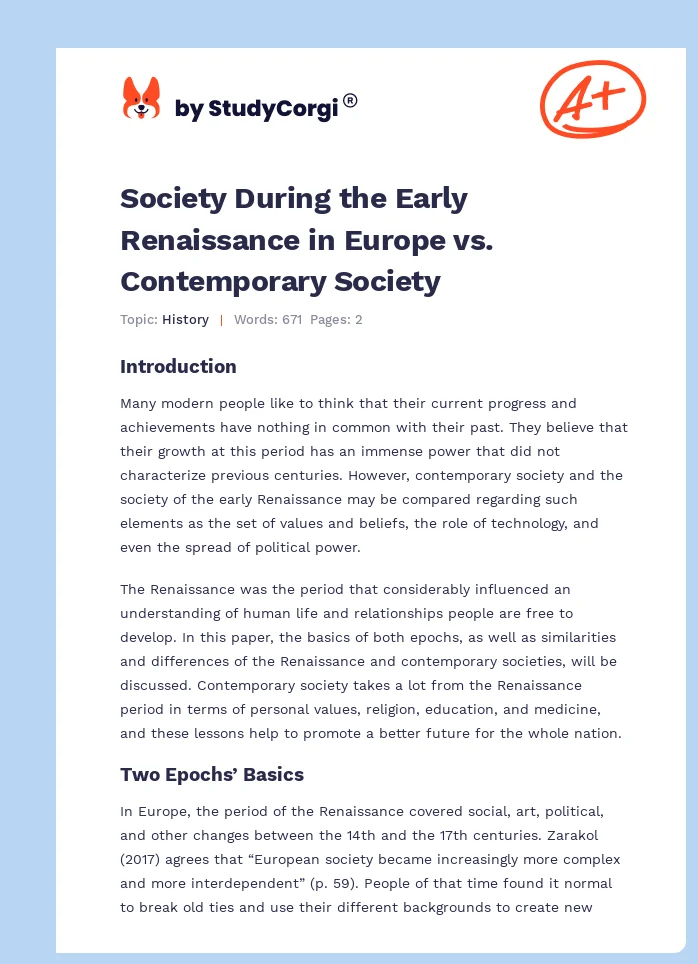Society During the Early Renaissance in Europe vs. Contemporary Society. Page 1