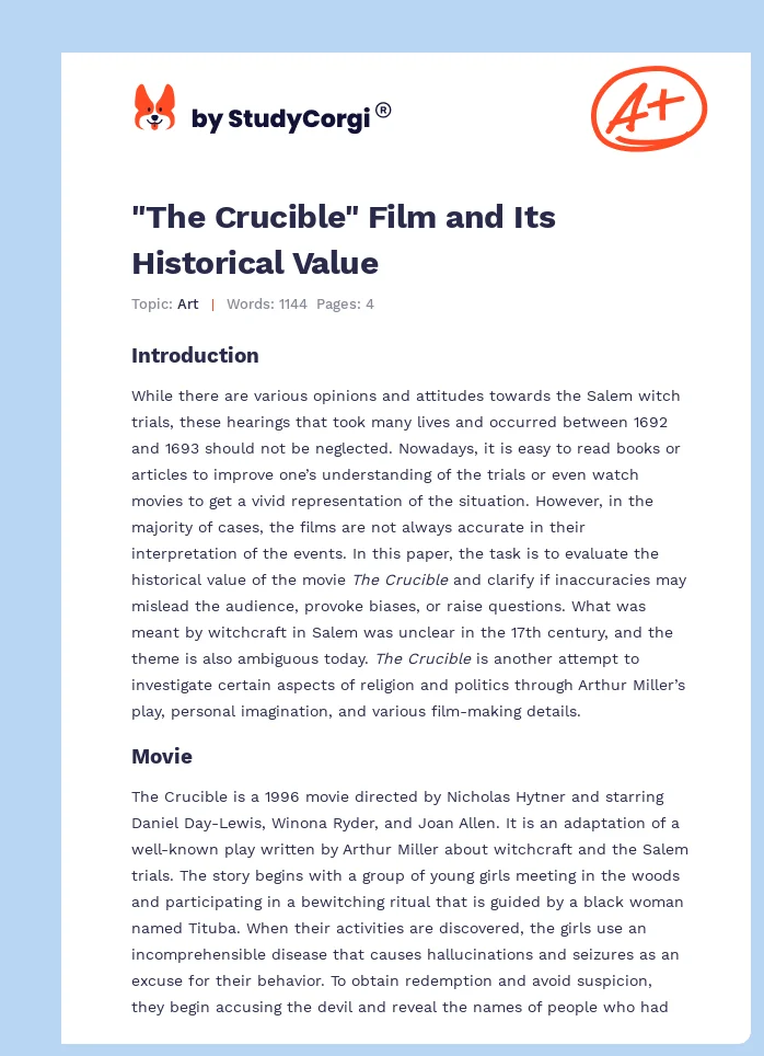 "The Crucible" Film and Its Historical Value. Page 1