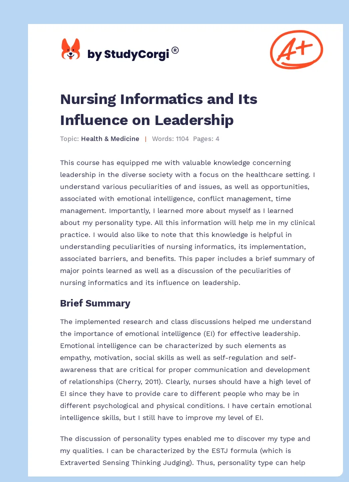 Nursing Informatics and Its Influence on Leadership. Page 1