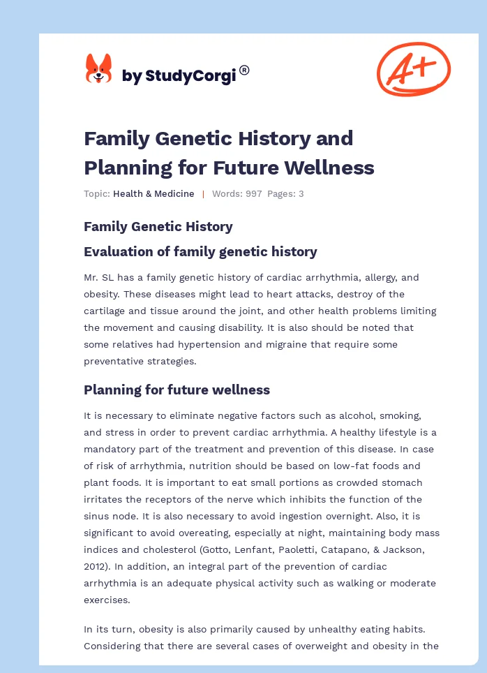 Family Genetic History and Planning for Future Wellness. Page 1