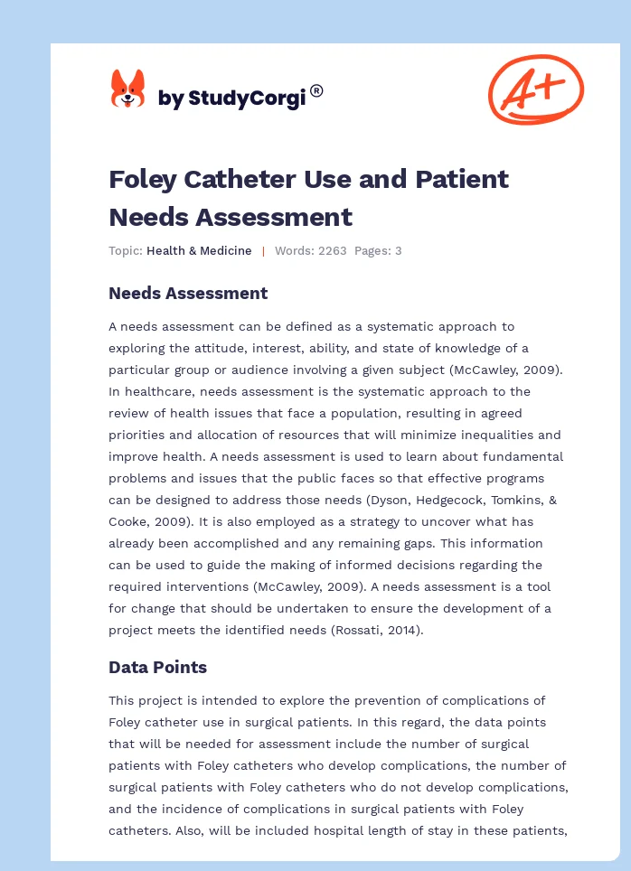 Foley Catheter Use and Patient Needs Assessment. Page 1