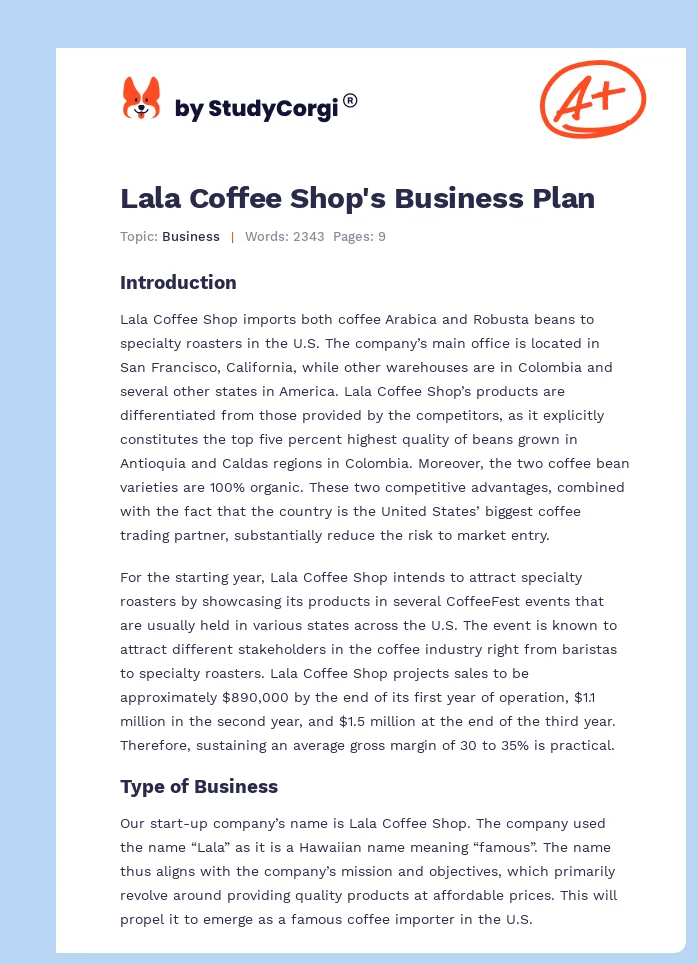 Lala Coffee Shop's Business Plan. Page 1