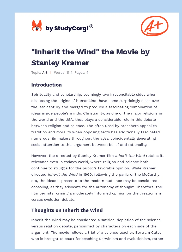 "Inherit the Wind" the Movie by Stanley Kramer. Page 1