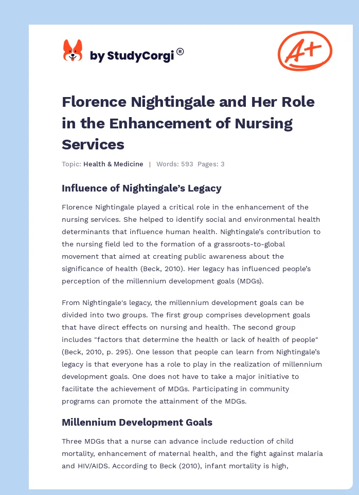 Florence Nightingale and Her Role in the Enhancement of Nursing Services. Page 1