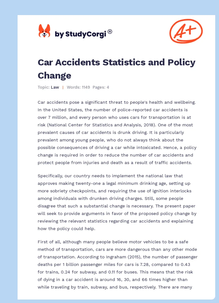 Car Accidents Statistics and Policy Change. Page 1