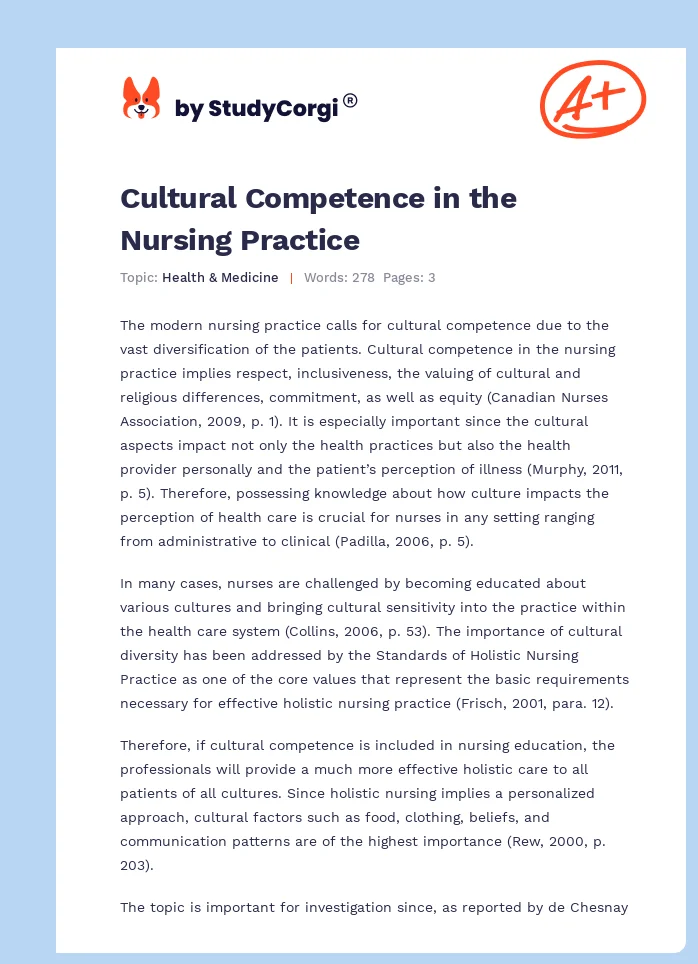 Cultural Competence in the Nursing Practice. Page 1
