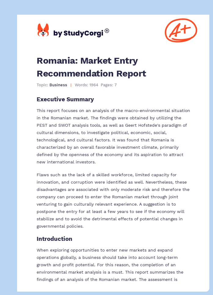 Romania: Market Entry Recommendation Report. Page 1