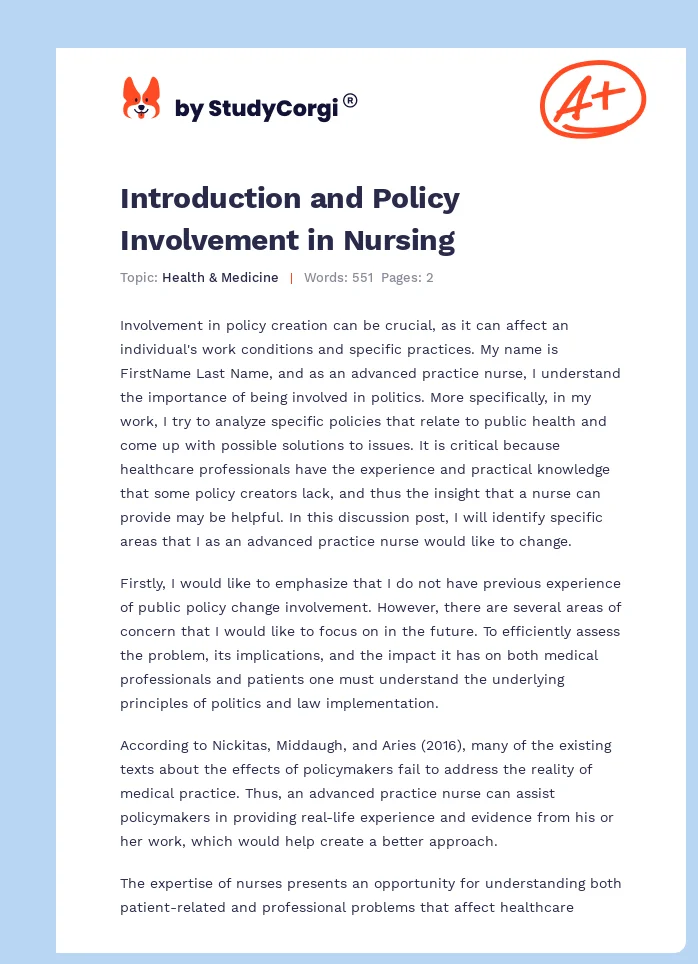 Introduction and Policy Involvement in Nursing. Page 1