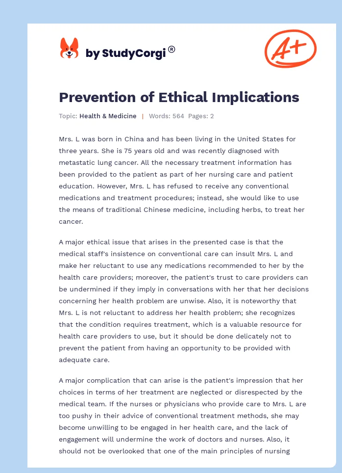 Prevention of Ethical Implications. Page 1