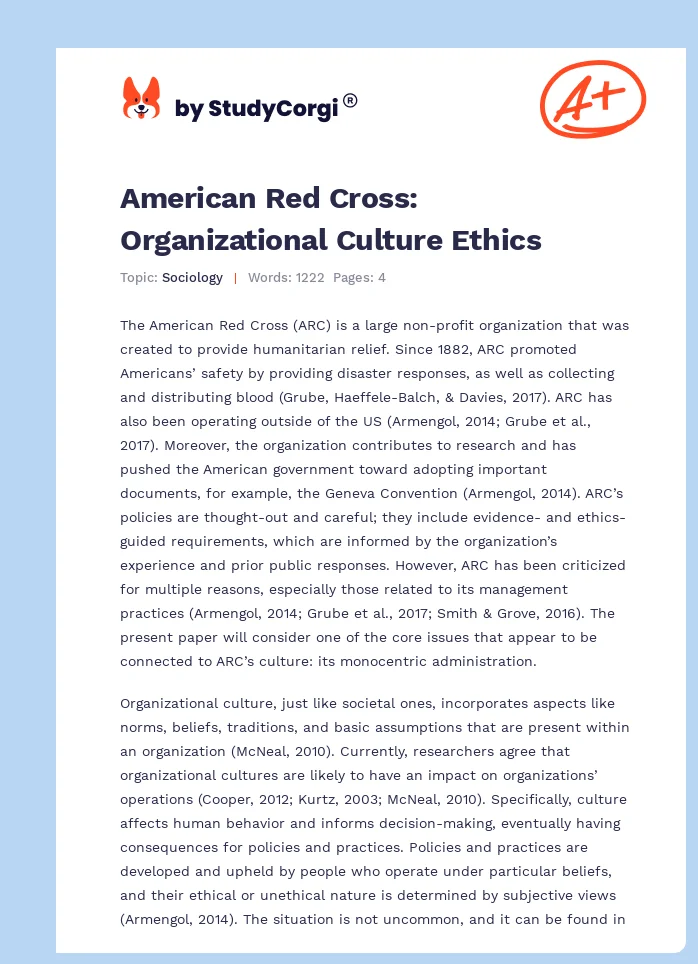 American Red Cross: Organizational Culture Ethics. Page 1