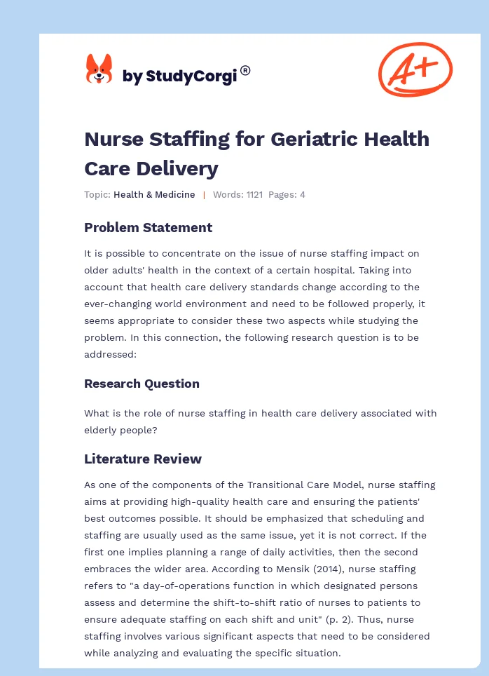 Nurse Staffing for Geriatric Health Care Delivery. Page 1