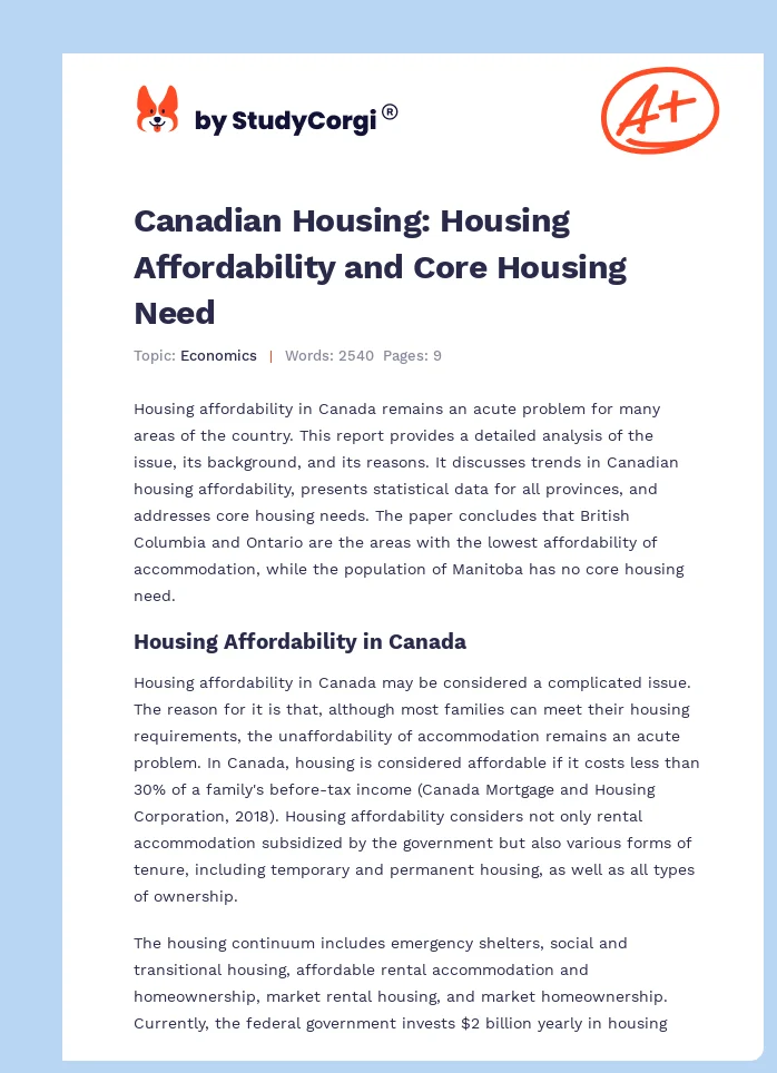 Canadian Housing: Housing Affordability and Core Housing Need. Page 1