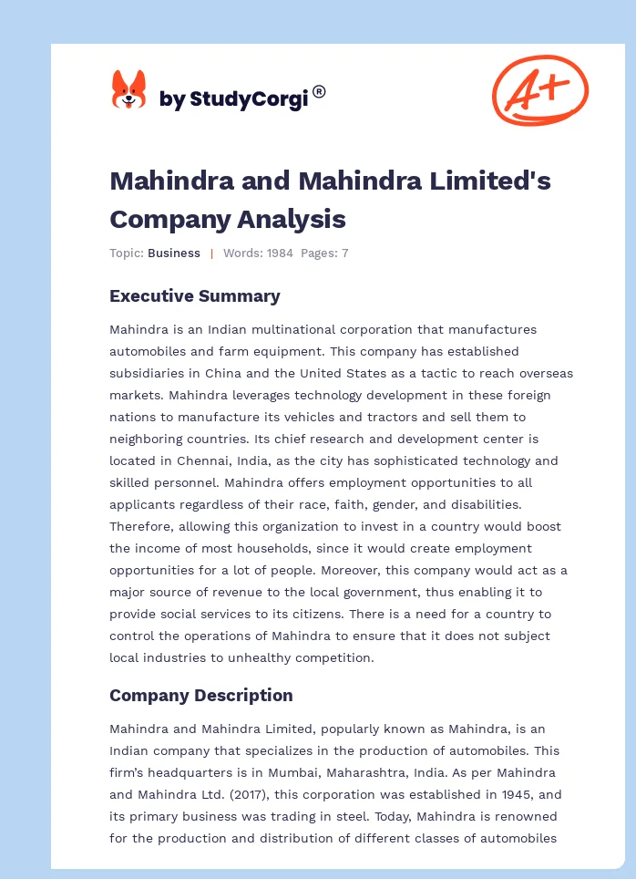 Mahindra and Mahindra Limited's Company Analysis. Page 1