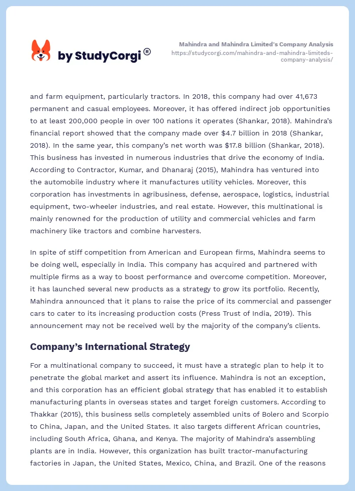Mahindra and Mahindra Limited's Company Analysis. Page 2