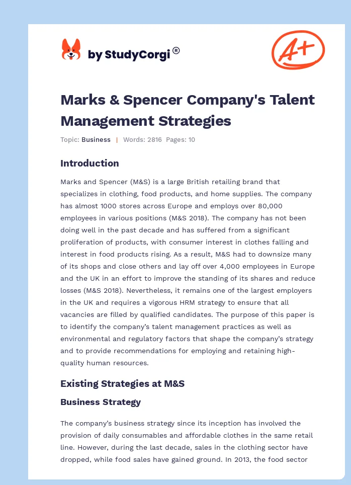 Marks & Spencer Company's Talent Management Strategies. Page 1