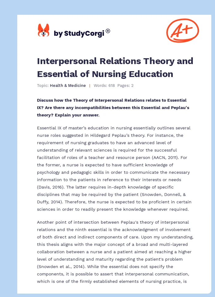 Interpersonal Relations Theory and Essential of Nursing Education. Page 1