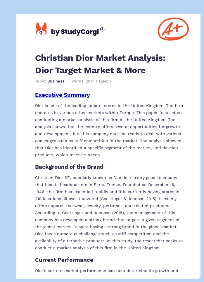 Christian Dior Market Analysis: Dior Target Market & More. Page 1