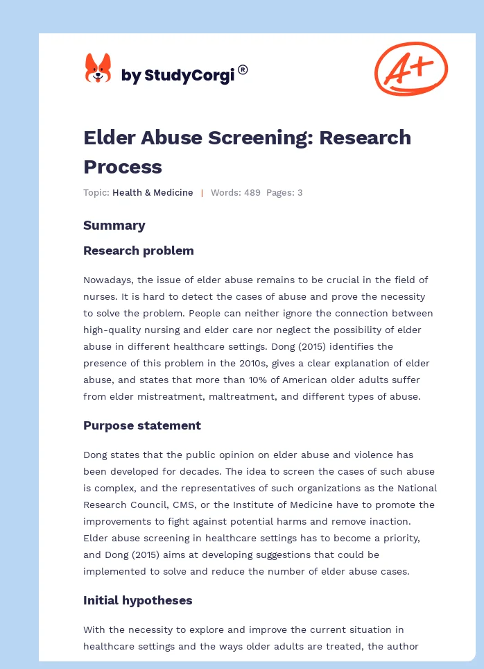 Elder Abuse Screening: Research Process. Page 1