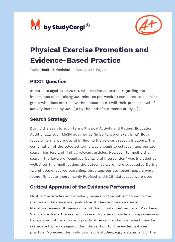 Physical Exercise Promotion and Evidence-Based Practice. Page 1