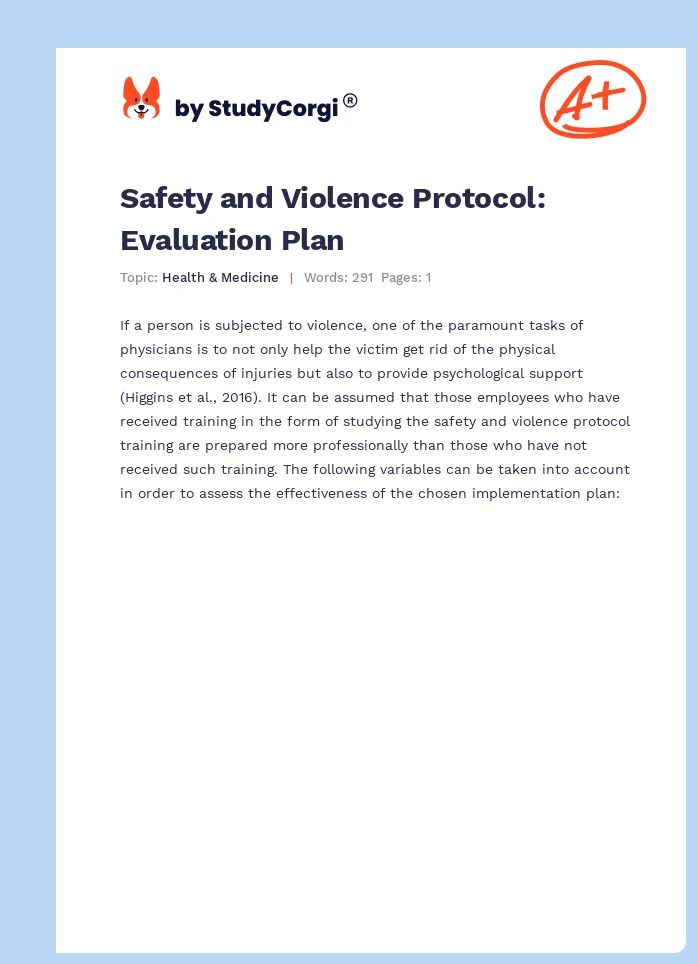Safety and Violence Protocol: Evaluation Plan. Page 1