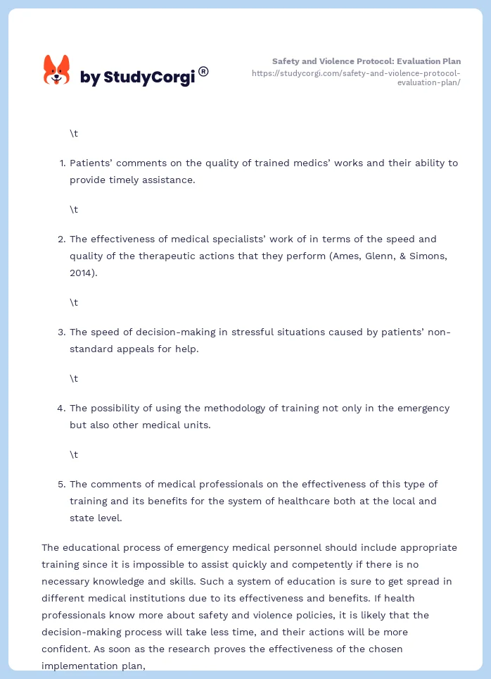 Safety and Violence Protocol: Evaluation Plan. Page 2