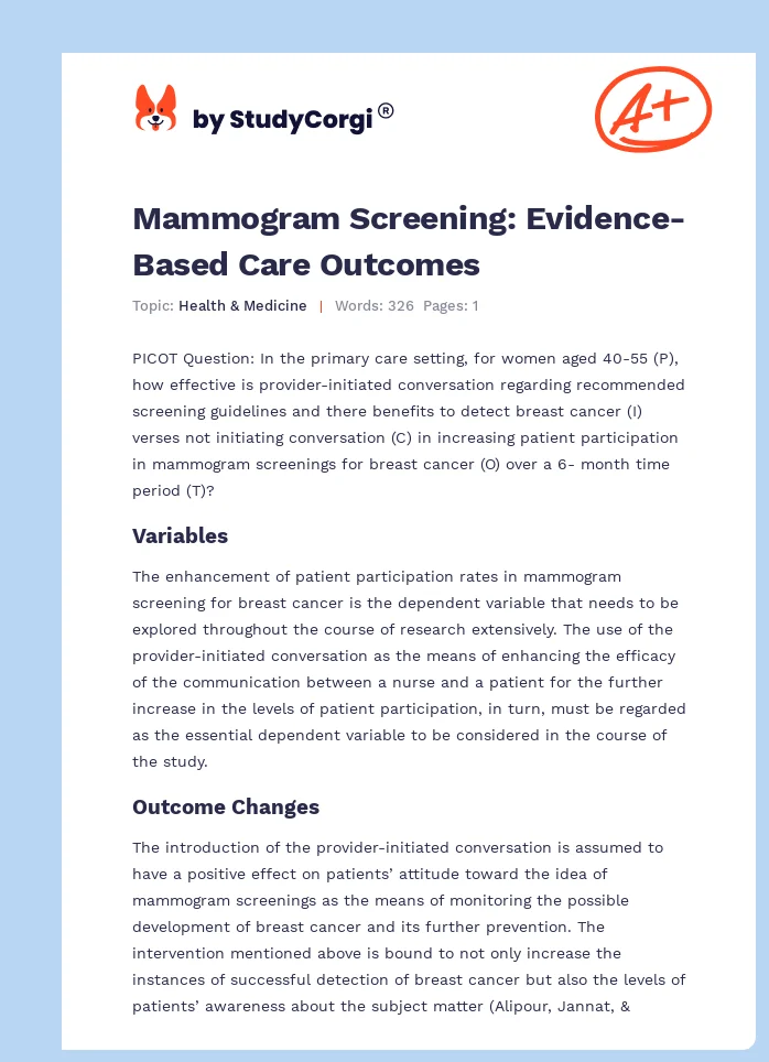 Mammogram Screening: Evidence-Based Care Outcomes. Page 1