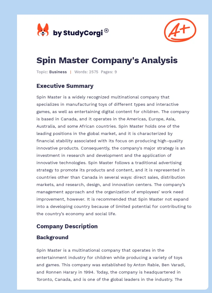 Spin Master Company's Analysis. Page 1