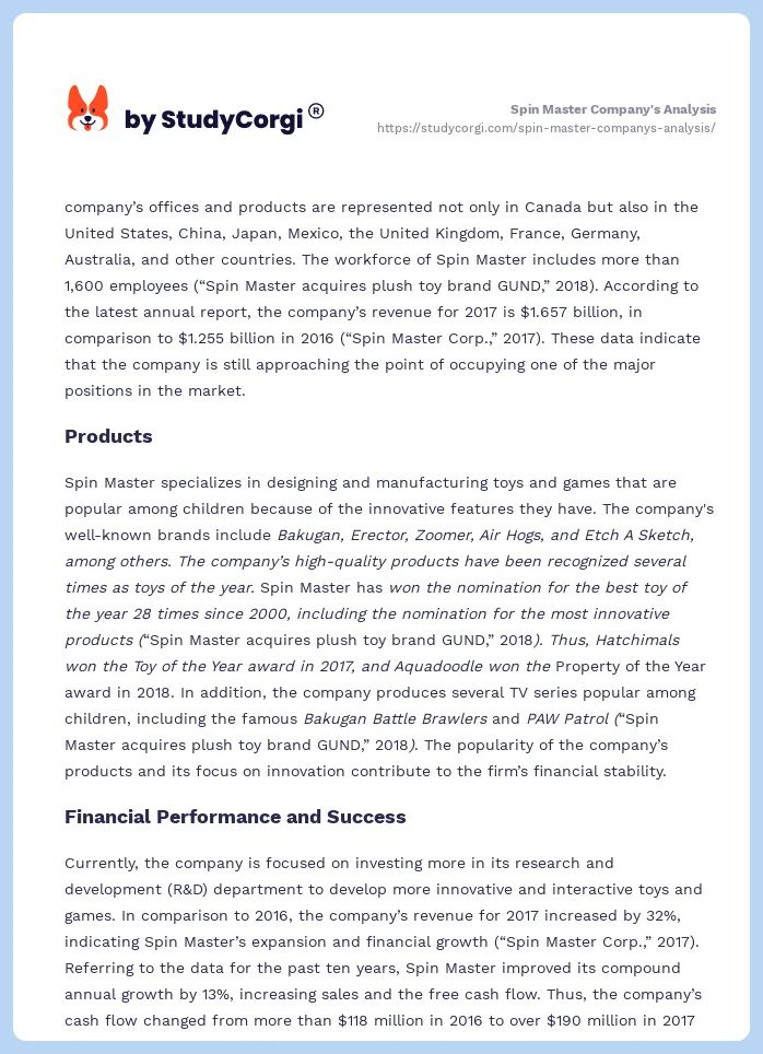 Spin Master Company's Analysis. Page 2