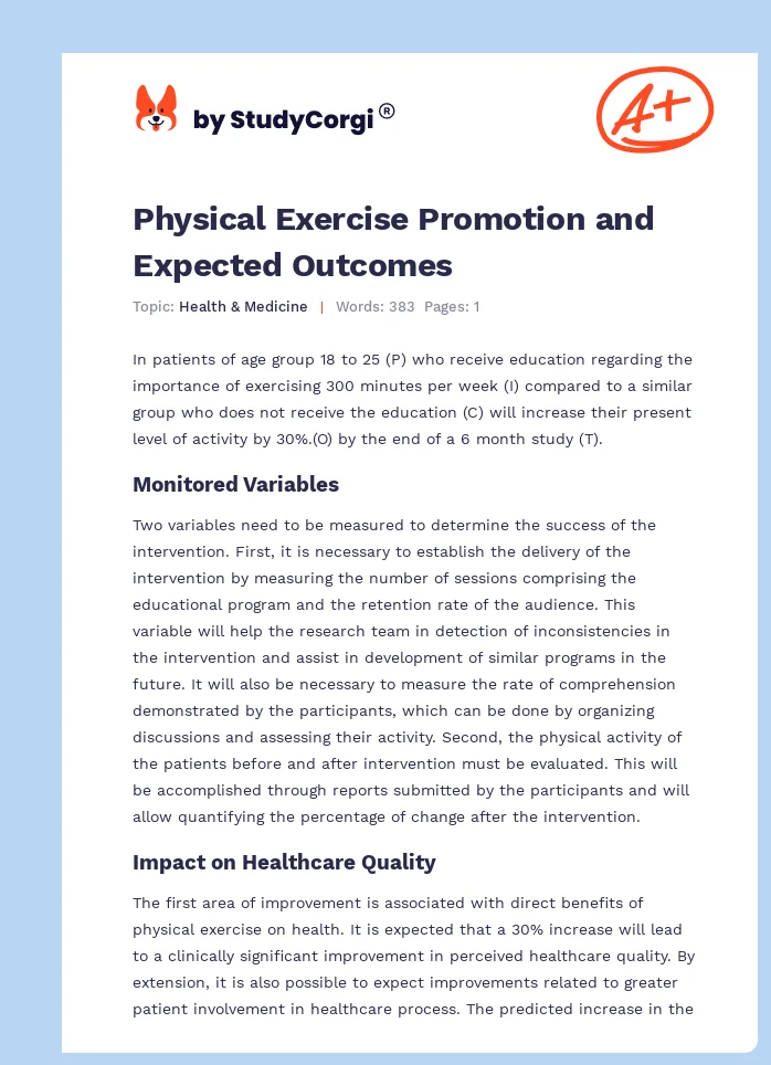 Physical Exercise Promotion and Expected Outcomes. Page 1