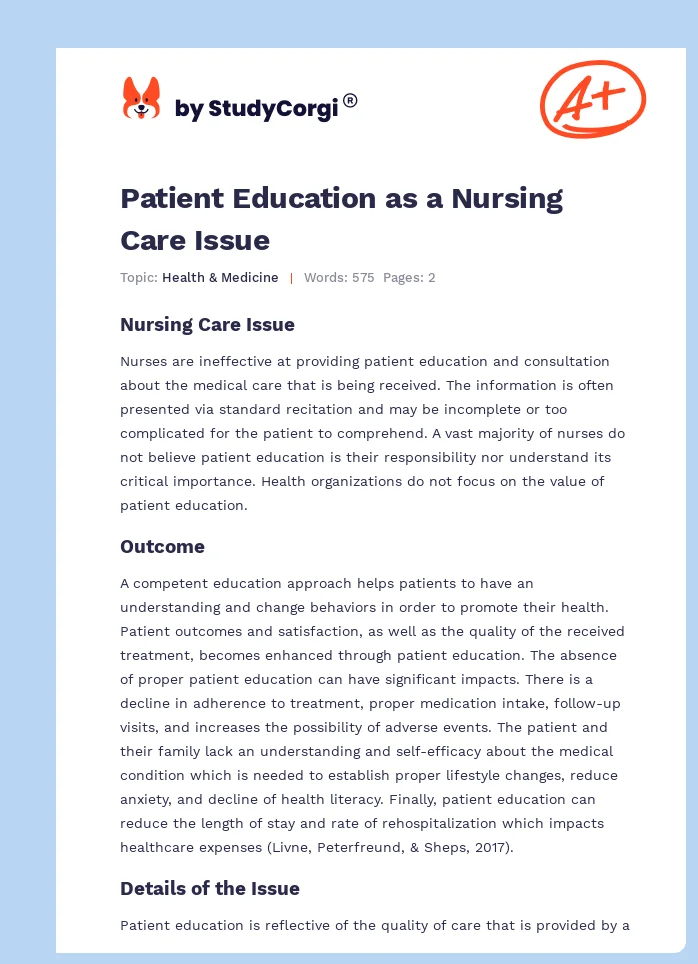 Patient Education as a Nursing Care Issue. Page 1
