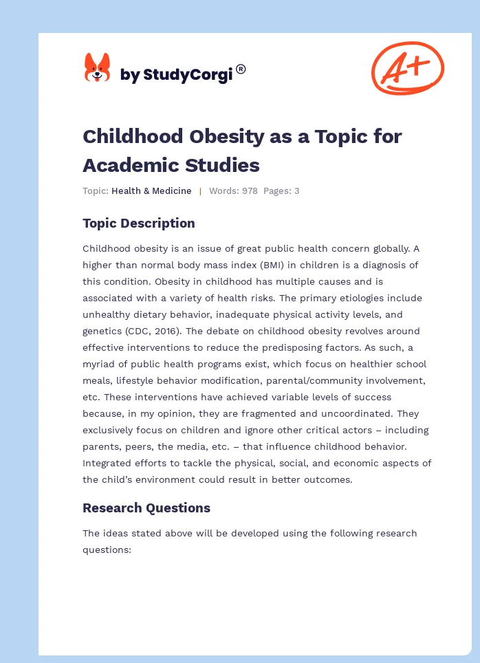 Childhood Obesity as a Topic for Academic Studies. Page 1
