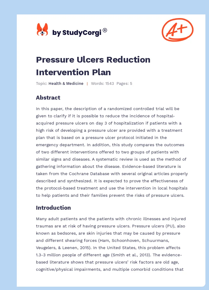 Pressure Ulcers Reduction Intervention Plan. Page 1