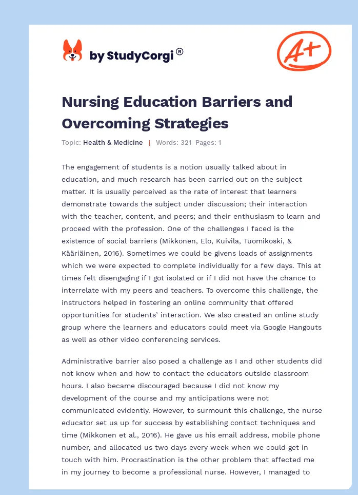 Nursing Education Barriers and Overcoming Strategies. Page 1