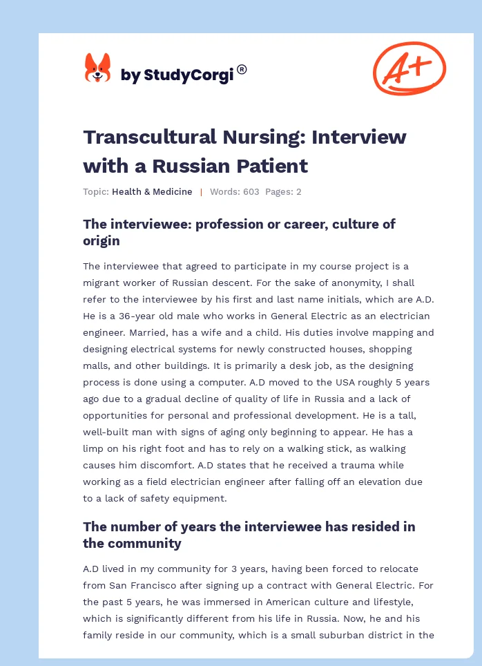 Transcultural Nursing: Interview with a Russian Patient. Page 1