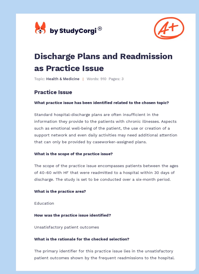Discharge Plans and Readmission as Practice Issue. Page 1