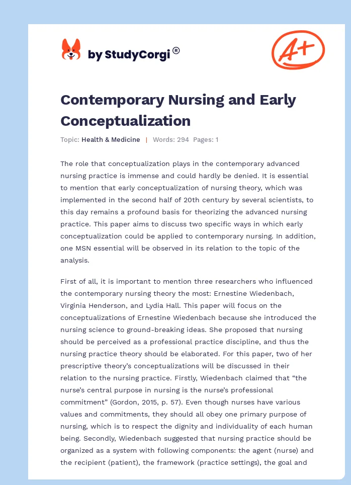 Contemporary Nursing and Early Conceptualization. Page 1