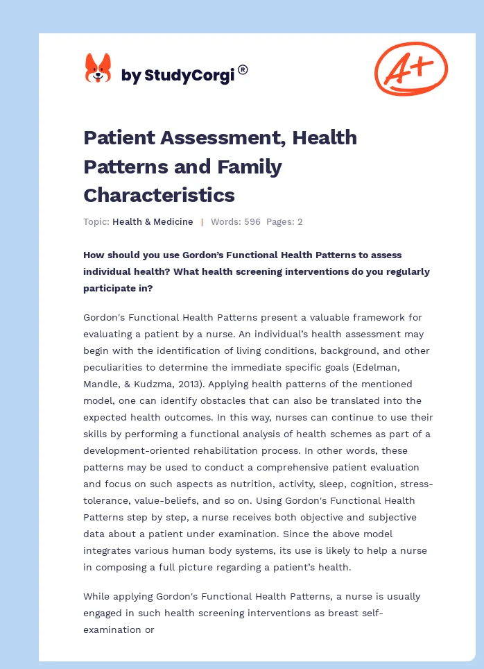 Patient Assessment, Health Patterns and Family Characteristics. Page 1