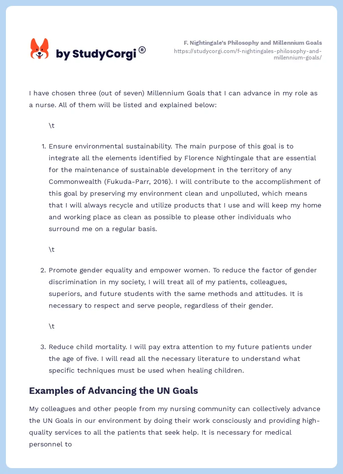 F. Nightingale’s Philosophy and Millennium Goals. Page 2