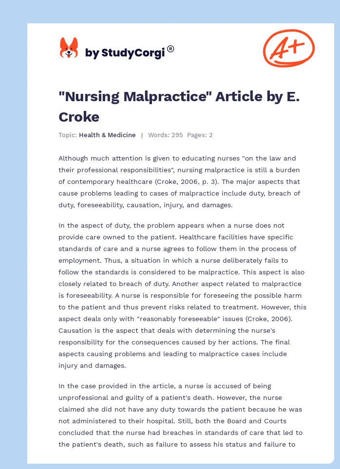 "Nursing Malpractice" Article by E. Croke. Page 1