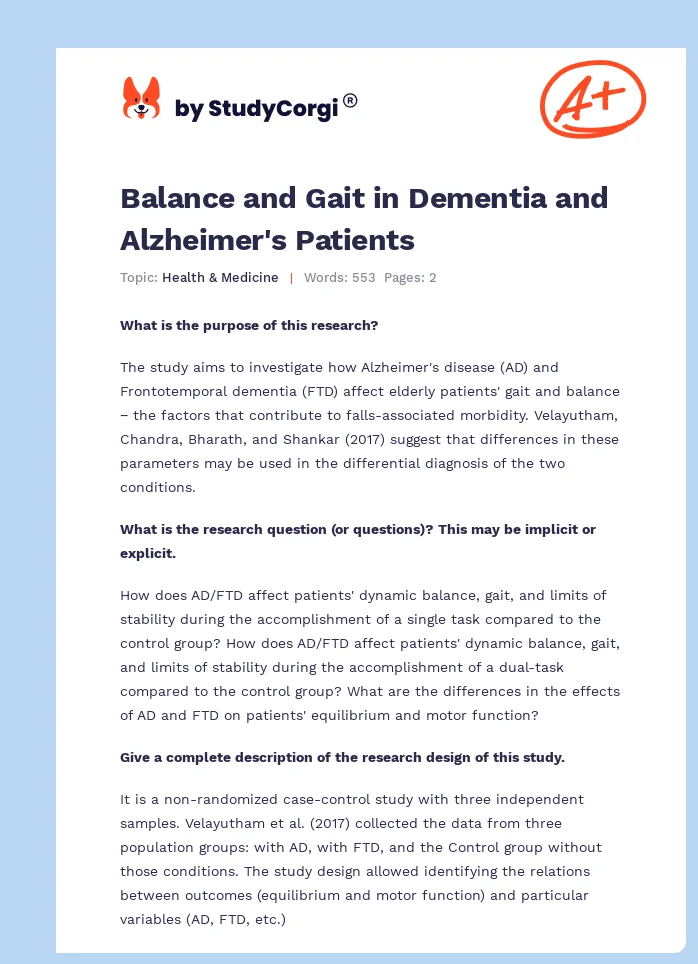 Balance and Gait in Dementia and Alzheimer's Patients. Page 1