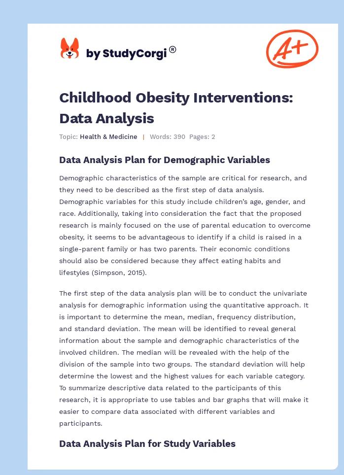 Childhood Obesity Interventions: Data Analysis. Page 1
