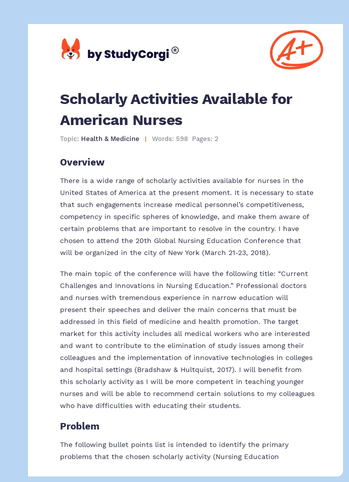 Scholarly Activities Available for American Nurses. Page 1