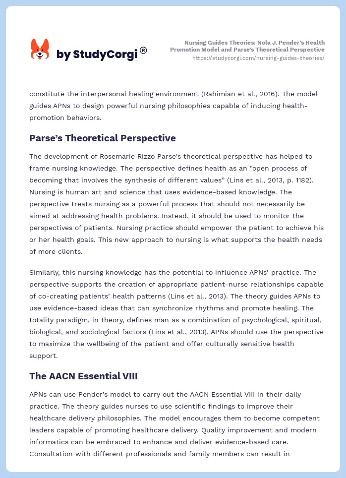 Nursing Guides Theories: Nola J. Pender’s Health Promotion Model and Parse’s Theoretical Perspective. Page 2