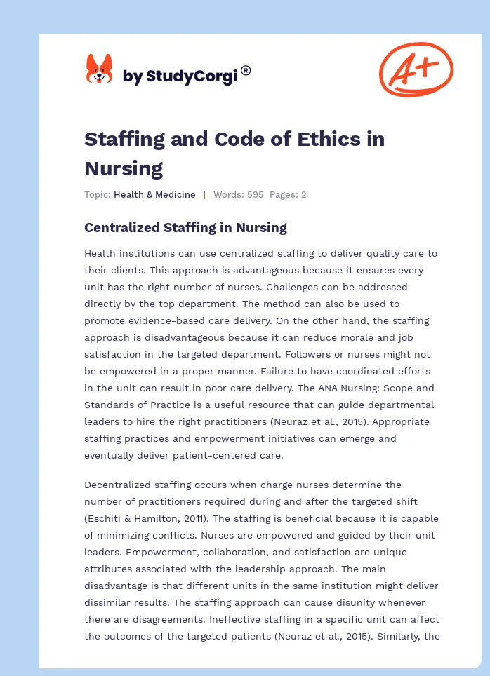 Staffing and Code of Ethics in Nursing. Page 1