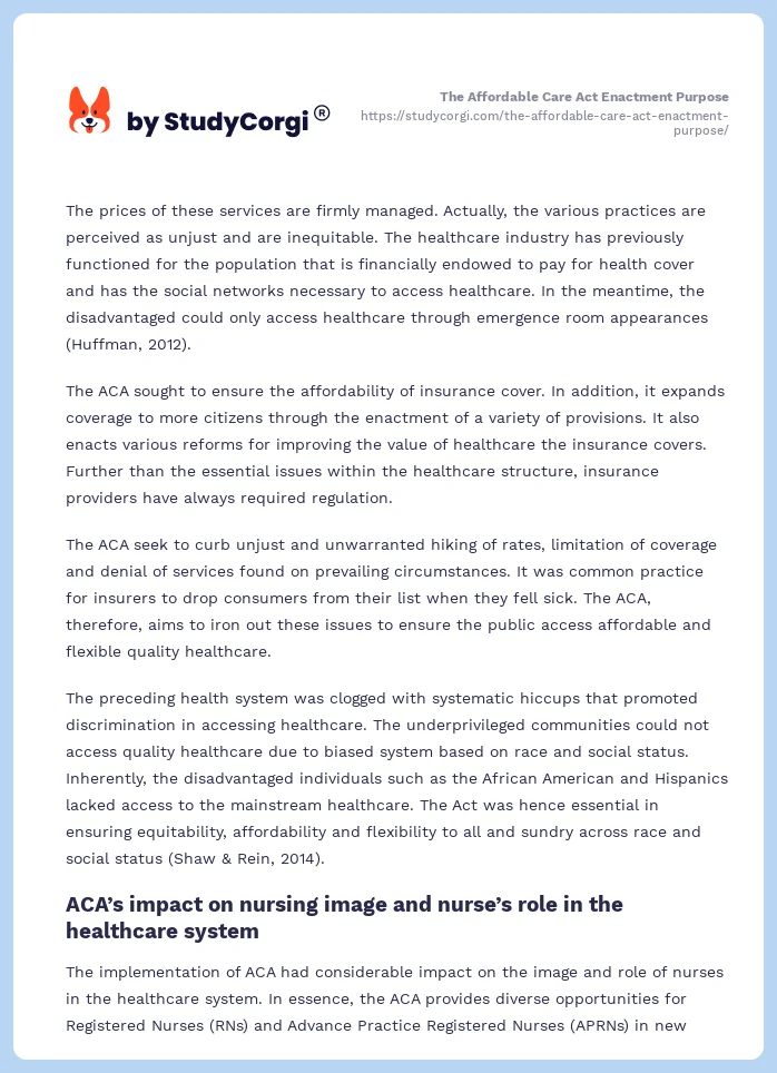 The Affordable Care Act Enactment Purpose. Page 2