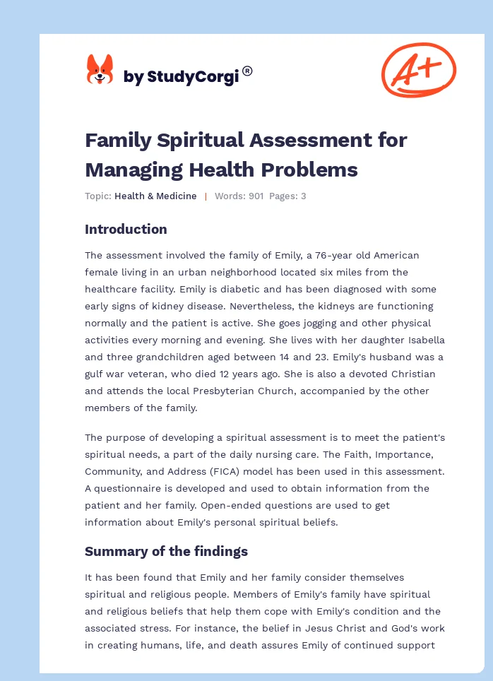 Family Spiritual Assessment for Managing Health Problems. Page 1