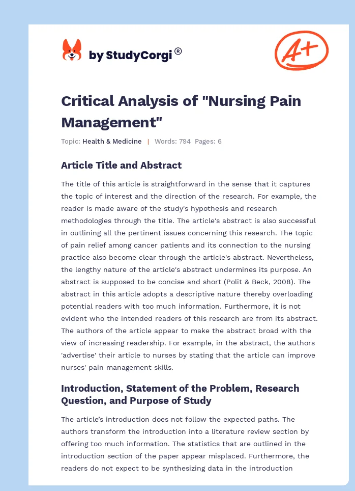 Critical Analysis of "Nursing Pain Management". Page 1
