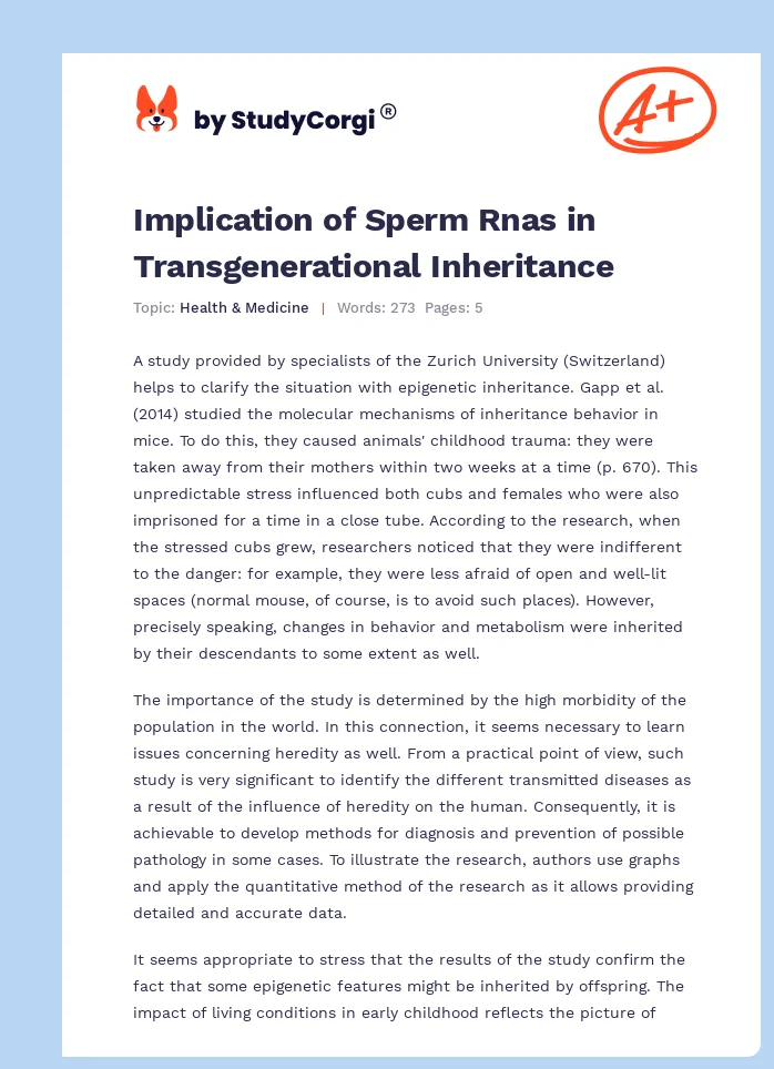 Implication of Sperm Rnas in Transgenerational Inheritance. Page 1