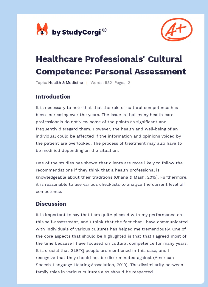Healthcare Professionals' Cultural Competence: Personal Assessment. Page 1